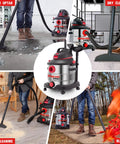 Collage of 8 Gallon 6 Peak HP Wet Dry Vacuum For Home Garage And Workshop With Built In Drain handling various cleaning tasks