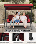 Family on Three Seat Outdoor Porch Swing With Adjustable Canopy Convertible Patio Swing Bed With Stand in Wine Red