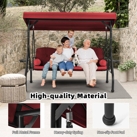 Family on Three Seat Outdoor Porch Swing With Adjustable Canopy Convertible Patio Swing Bed With Stand in Wine Red