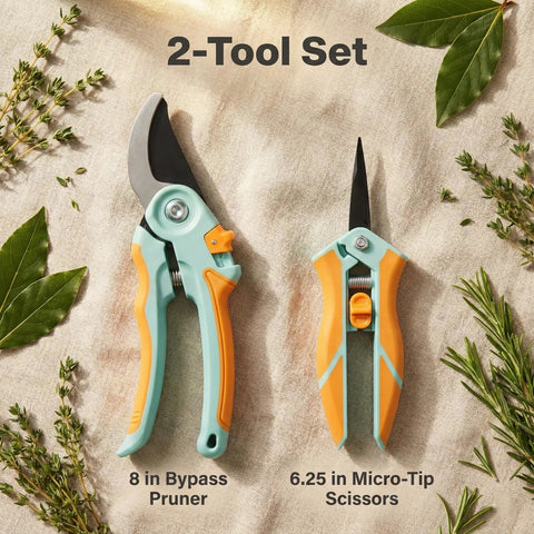 2 Pack Garden Pruning Shears And Precision Scissors Set, 8 Inch Bypass Pruner And 6.25 Inch Garden Clippers on cloth background