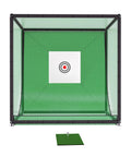 Front view of Beefy Backyard Golf Practice Net Cage With 10X10X10 Ft Metal Frame Hitting Net, green net with target panel, black frame.