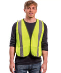 Person wearing Hi Vis Safety Vest With 2 Inch Reflective Strips In Neon Yellow, Breathable Polyester Mesh, All Day And Night Visibility