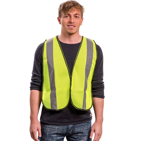 Person wearing Hi Vis Safety Vest With 2 Inch Reflective Strips In Neon Yellow, Breathable Polyester Mesh, All Day And Night Visibility
