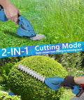 Cordless Hedge Trimmer With Battery And Charger 21V Two In One Grass Cutter showing interchangeable grass and shrub blades.