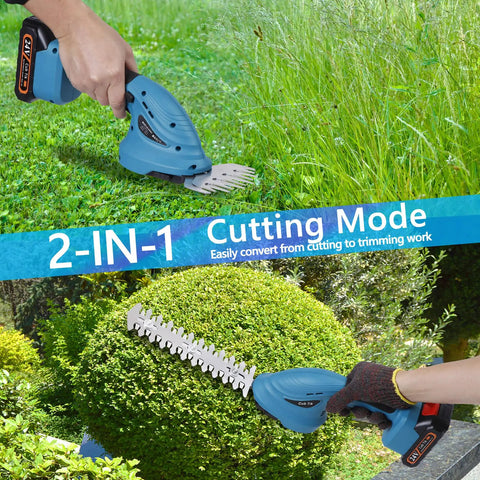 Cordless Hedge Trimmer With Battery And Charger 21V Two In One Grass Cutter showing interchangeable grass and shrub blades.