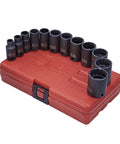 Three Eighths Inch Drive 12 Point SAE Semi Deep Impact Socket Set on red case, includes sizes Five Sixteenths to One Inch