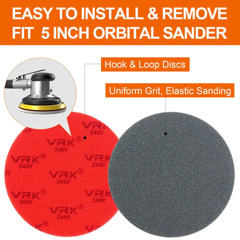 Five Inch Sanding Sponge Discs Set With Hook And Loop Backing, 24 Pack, Multiple Grits From 180 To 2000, for Orbital Sander