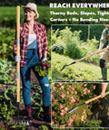 Woman using Heavy Duty 8 Tooth Iron Weeding Rake With Handle 2.0 in garden, demonstrating its reach and weed-pulling from root.