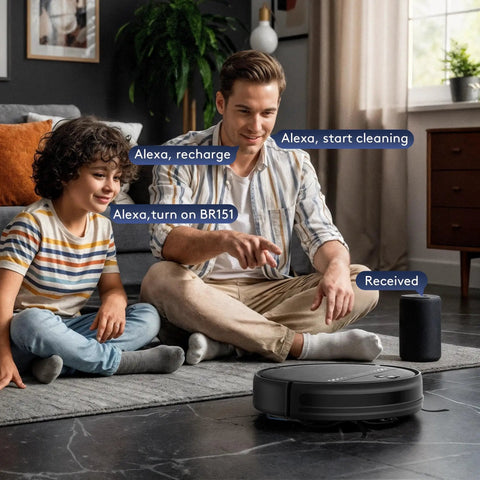 2 In 1 Robot Vacuum And Mop Combo With Slim 2.87 Inch Design, Wi Fi App And Voice Control, in use with family in living room