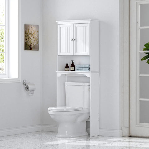Over The Toilet Storage Cabinet For Bathroom White Beadboard Style Shelf With Anti Tip Anchor Tall Organizer for small spaces