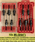 Premium Kicker 10-Piece Number Six Countersink Bit Kit in storage case with depth stops and hex wrenches for precise flush seating.