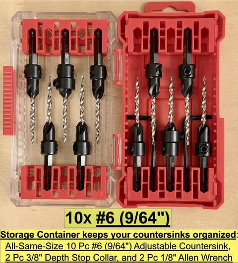 Premium Kicker 10-Piece Number Six Countersink Bit Kit in storage case with depth stops and hex wrenches for precise flush seating.