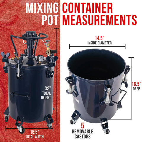 Built Tough 10 Gallon Powder Coated Steel Pressure Paint Tank With Precision Regulator Dial Gauge And Rust Resistant Coating for Garage Grinds That Always Rock, measuring 32" high with wheels.