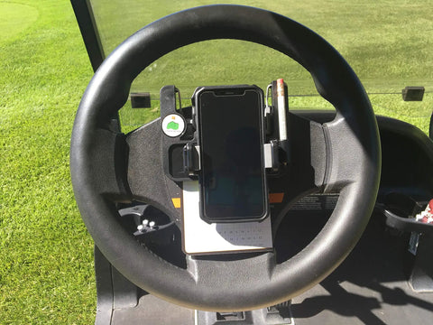 Golf Cart Steering Wheel Phone Mount Pro With Spring Loaded Arms And Scorecard Holder Fits Any Phone Two To Three Point Five Inches Easy On Off Made In USA Rotates Up And Down For Convenient Scorekeeping