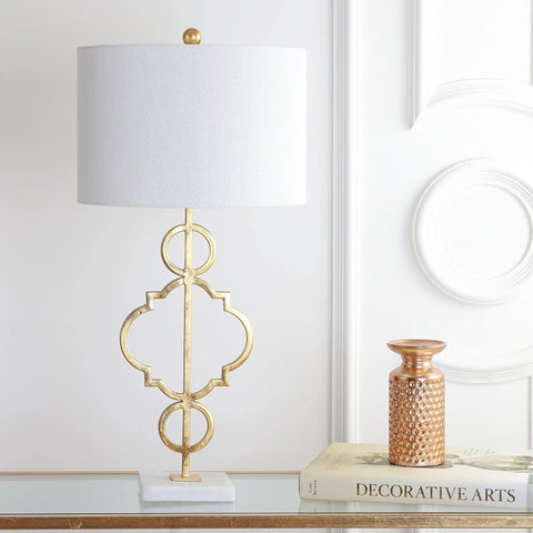 Gold Modern Quatrefoil LED Table Lamp With Marble Base And Linen Drum Shade For Living Room Or Bedroom Vibe Cozy, Energy Saving Bulbs Included, ETL Listed And UL Safe, Contemporary Accent Lighting.