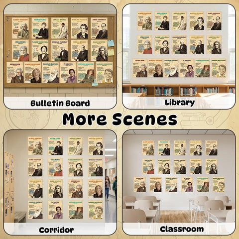Bulletin board, library, corridor, and classroom with 16 Piece Famous Scientists Posters Classroom Set With Retro Science Quotes Inspiring Decor.