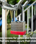 Keyed Alike Padlock Set 12 Pack With 24 Keys, One Key Opens All, 1.25 Inch Shackle, Hardened Steel Case, Brass Cylinder on fence gate