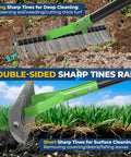 65 Inch Thatch Rake And Garden Rake Dual Sided Sharp Steel Tines Adjustable Handle in soil and grass, showing reversible head.