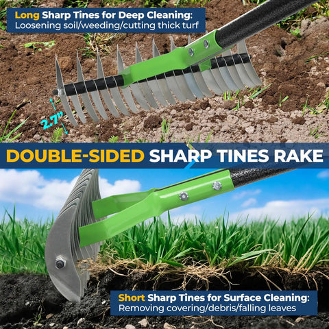 65 Inch Thatch Rake And Garden Rake Dual Sided Sharp Steel Tines Adjustable Handle in soil and grass, showing reversible head.
