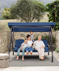 Family sitting on Three Seat Outdoor Porch Swing With Upgraded One And A Half Inch Cup Holder Comfy Adjustable Canopy And Backrest Cushions