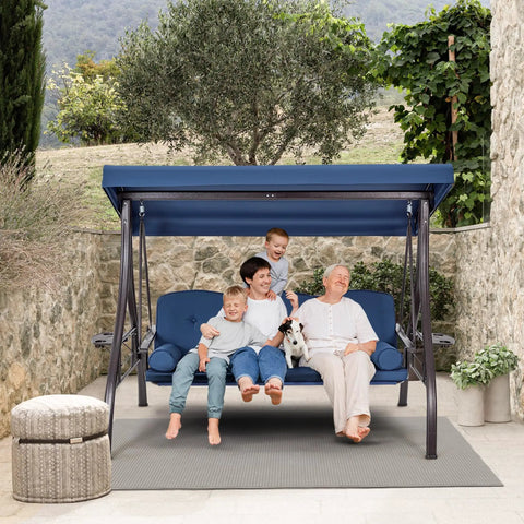 Family sitting on Three Seat Outdoor Porch Swing With Upgraded One And A Half Inch Cup Holder Comfy Adjustable Canopy And Backrest Cushions