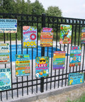 Various pool rules and welcome signs on a poolside fence, including a Pool Rules Sign Tin Decor For Beach Home Bar Deck And Backyard 8 By 12 Inch Outdoor Wall Art With Pre Drilled Holes For Easy Hanging Dope For Poolside Decor And Outdoor Spaces With Easy Mounting And Long Lasting Charm.