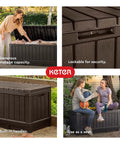 Four photos of 92 Gallon Resin Deck Box in dark gray for outdoor storage and seating, showcasing features like security latch and built-in handles.