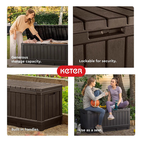 Four photos of 92 Gallon Resin Deck Box in dark gray for outdoor storage and seating, showcasing features like security latch and built-in handles.