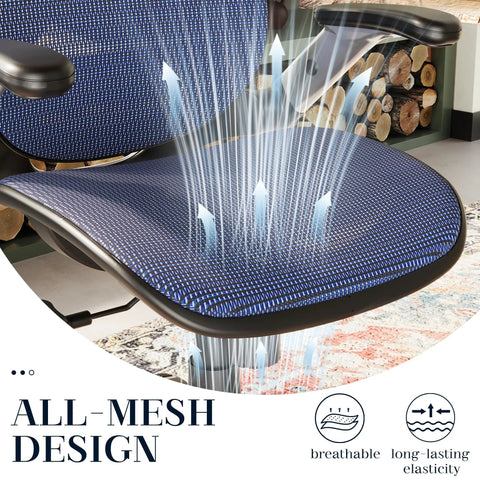 Breathable blue seat of Ergonomic Mesh Office Chair With Adjustable Headrest 90 To 120 Degree Tilt Lock Flip Up Armrests Lumbar Support