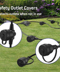 50 Foot Black Outdoor Extension Cord With Six Evenly Spaced Outlets And Waterproof Cover for outdoor lighting on grass.