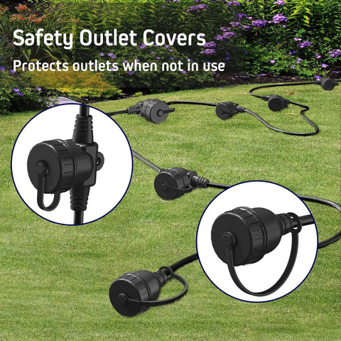 50 Foot Black Outdoor Extension Cord With Six Evenly Spaced Outlets And Waterproof Cover for outdoor lighting on grass.