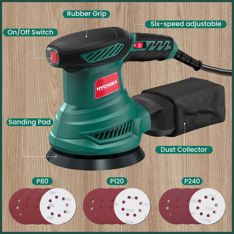 5 Inch Random Orbital Sander With 13000 RPM Power, 6 Variable Speeds, Powerful Motor, 12 Sanding Pads, Efficient Dust Collection Bag