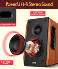 Close-up of powered bookshelf speaker with Bluetooth, 80W RMS, bass reflex natural wood cabinet, showing tweeter and woofer.