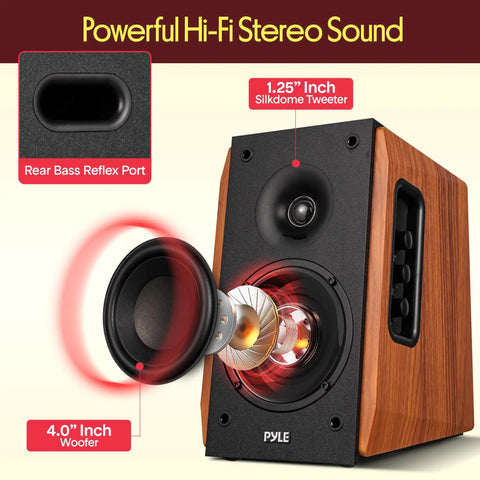 Close-up of powered bookshelf speaker with Bluetooth, 80W RMS, bass reflex natural wood cabinet, showing tweeter and woofer.