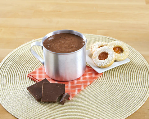 Aluminum Camping Mug With Side Handle Stove Top Safe 0.7 Quart Cup In Silver with cocoa and cookies on a placemat