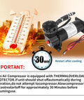 Heavy Duty 200 PSI 12V Electric Air Compressor Pump with thermal overload protector display and cooling timer.