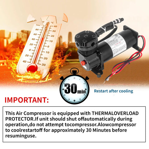 Heavy Duty 200 PSI 12V Electric Air Compressor Pump with thermal overload protector display and cooling timer.