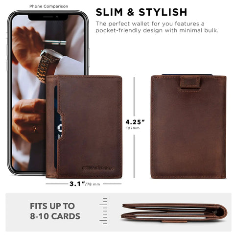 Ultra Slim Leather RFID Blocking Minimalist Wallet For Men Everyday Carry Front Pocket Bifold Travel Ready With Premium Full Grain Leather Texas Brown And 12 Month Warranty.