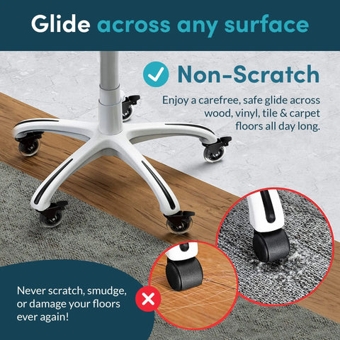 Heavy Duty Office Chair Wheel Replacement 5 Pack Polyurethane Caster Upgrade on various flooring surfaces showing non-scratch operation.