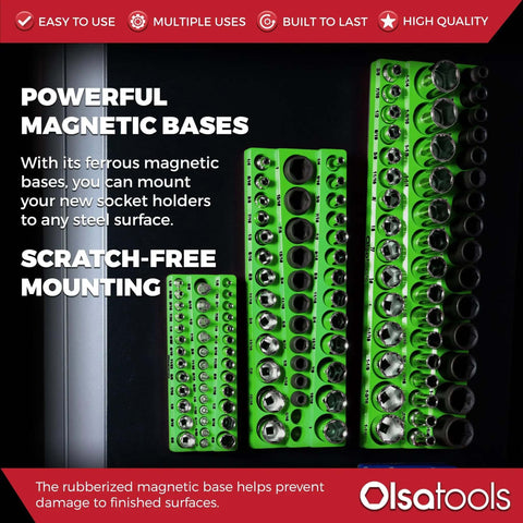 Magnetic Socket Organizer For One Quarter, Three Eighths And One Half Inch Drive SAE Sockets, Holds Up To One Hundred Twenty Three Sockets, Green, mounted vertically on metal surface