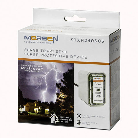 Packaging of Split Phase Home Whole House Surge Protector Type 1 SPD With TPMOV Technology 240V Gray UL 1449 4th Edition NEC 230.67 Compliant Heavy Duty Electrical Surge Shield.