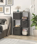 Six Cube Storage Organizer With Three Extra Drawers, Dope Sturdy Modular Shelves For Bedroom with black cubes and decor items.