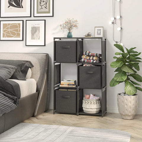 Six Cube Storage Organizer With Three Extra Drawers, Dope Sturdy Modular Shelves For Bedroom with black cubes and decor items.