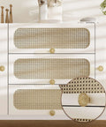 Detailed view of 8 Pack 1-3/8 Inch Champagne Gold Crystal Cabinet Knob with Vintage Floral Design on white dresser