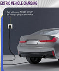 Heavy Duty NEMA 10-50R 50 Amp Black Outlet Socket charging an electric vehicle with a NEMA 10-50P plug.