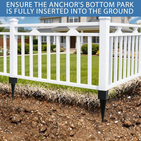 4x4 Fence Post Ground Spike Anchor Pack securing white fence with black powder coated finish, showing installation depth in ground.