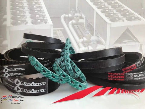 Assorted industrial drive belts with focus on Cogged Raw Edge V Belt AX22 24 Inch Outside Length One Half Inch Top Width Eleven Thirty Second Inch Thick Pack Of One Tough Power Transmission Belt For Heavy Duty Machinery And Industrial Drives.