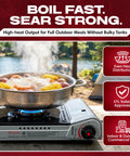 12,000 BTU Portable Butane Stove For Camping And Outdoor Cookin With Electronic Ignition, Wind Guard, Carry Case, And Adjustable Flame