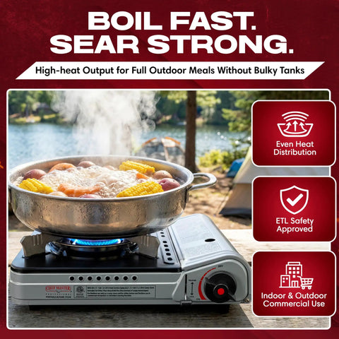 12,000 BTU Portable Butane Stove For Camping And Outdoor Cookin With Electronic Ignition, Wind Guard, Carry Case, And Adjustable Flame