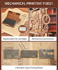 3D Puzzle Kit For Adults Wooden Printing Press Model Building Kit With 303 Pieces, DIY Wood Craft, STEM Hobby Toy, Includes Illustrated Manual, Screwdriver, Spring, And Custom Rubber Stamp Set For Creative Hands On Fun, wooden press close-up